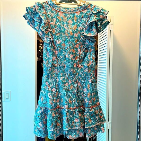 ✨NWT Poupette St Barth Camila Floral Duck Green Canary Ruffled Mini Dress - Picture 11 of 11